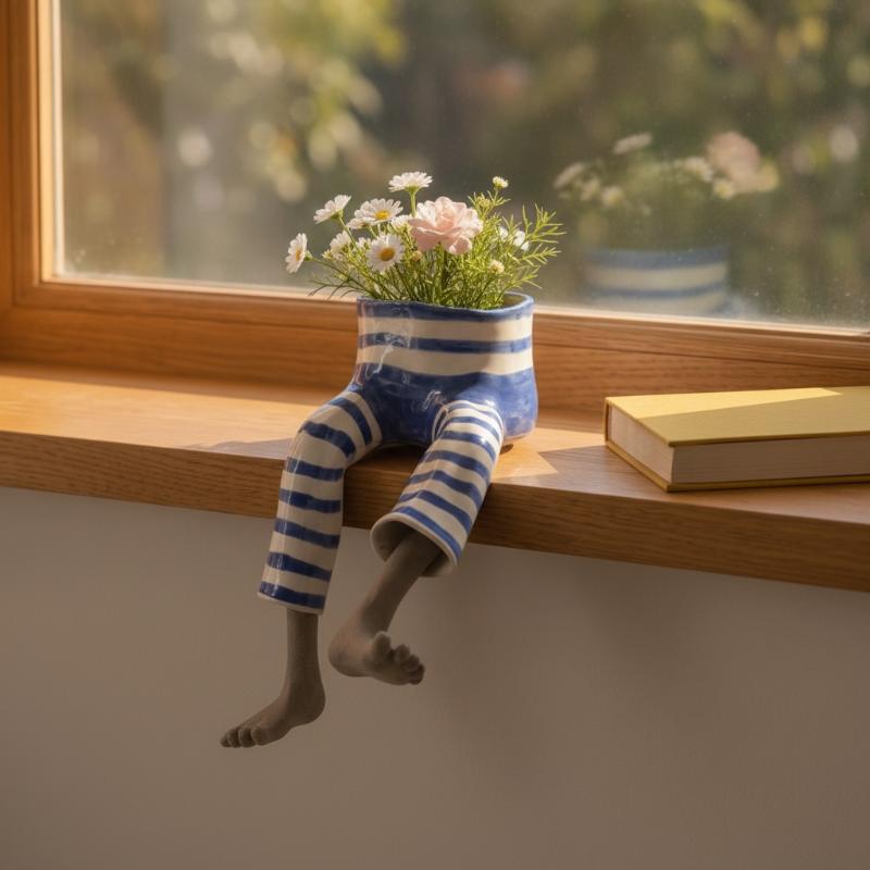 Plant Parent Pot - Sukienka jeansowa, siedzące nogi, doniczka na